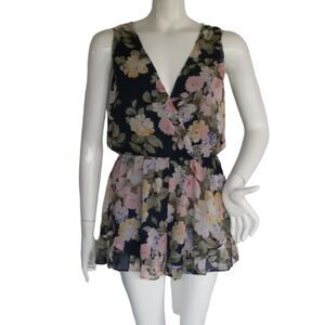 SMYM Riri Romper, S, Navy Blue Floral, Daring low neckline, Sleeveless, Ruffle